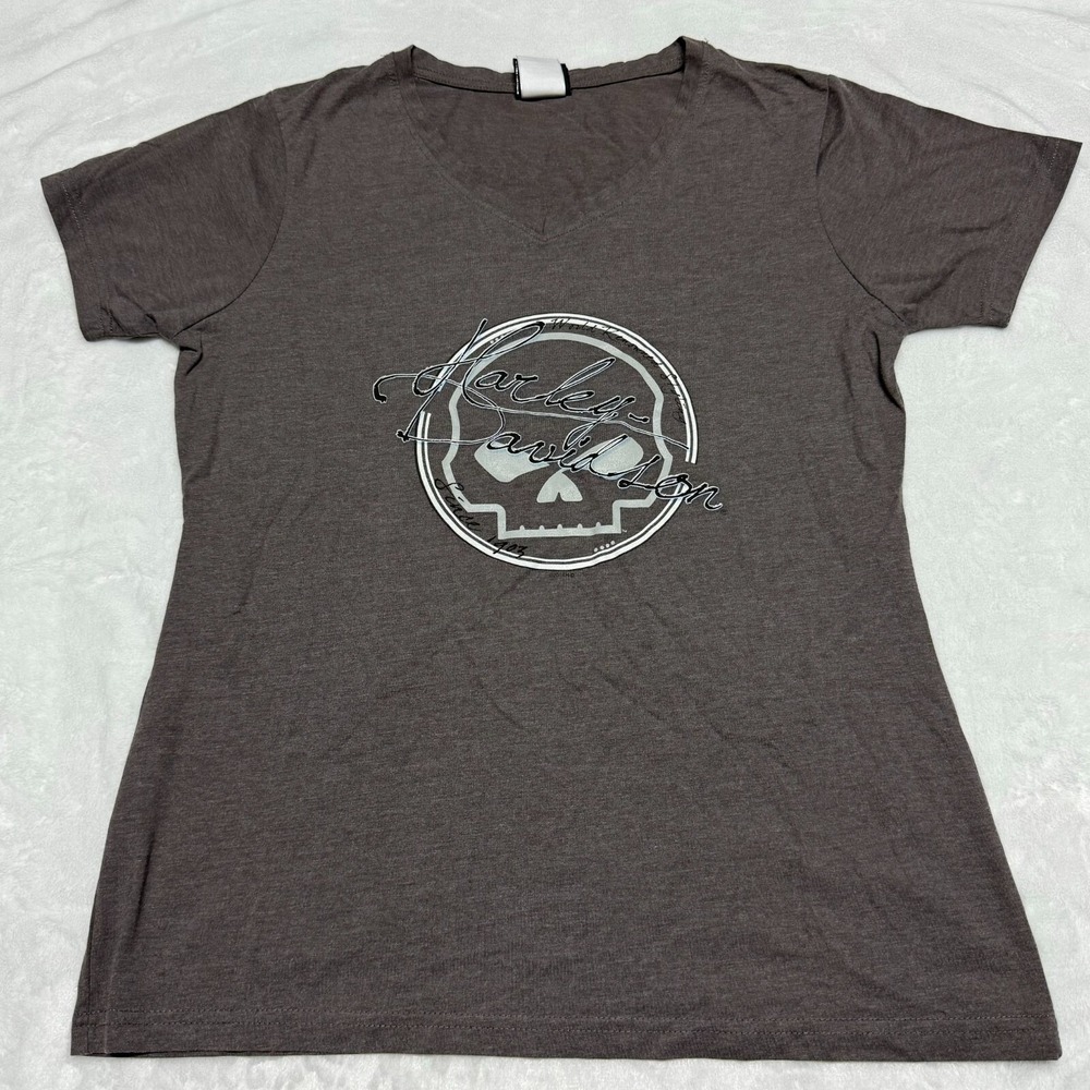 Harley Davidson T-Shirt Womens Large Gray Willie G Skull Black Hills